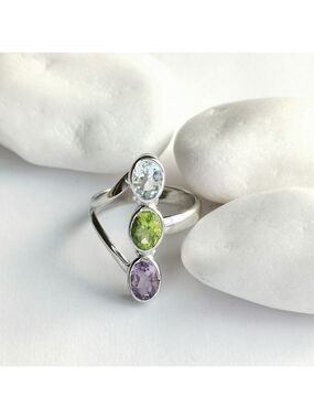 Sterling Silver Peridot Amethyst Topaz Gemstone Ring Size 8